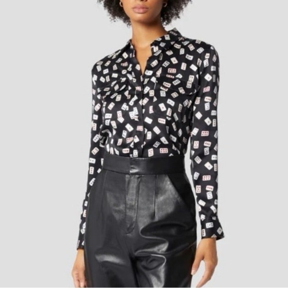 Equipment | Annelie Playing Cards Print Button Down Satin Top Playing Cards Silk - Picture 2 of 16